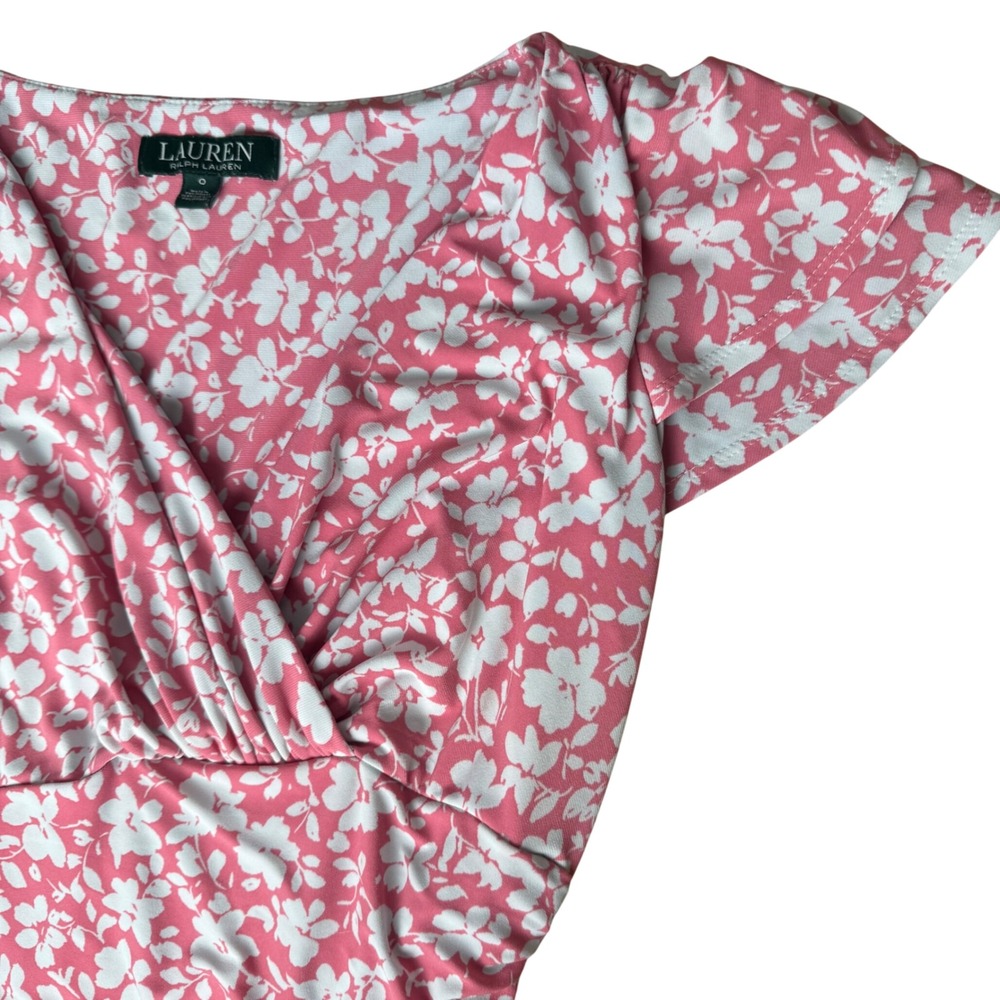 Lauren Ralph Lauren Floral Ruched Dress Womens 0 Pink Excellent Flutter Sleeve
